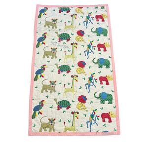 Safari Animal Baby Quilt “We Love You” Embroidered Pink Border 55x33